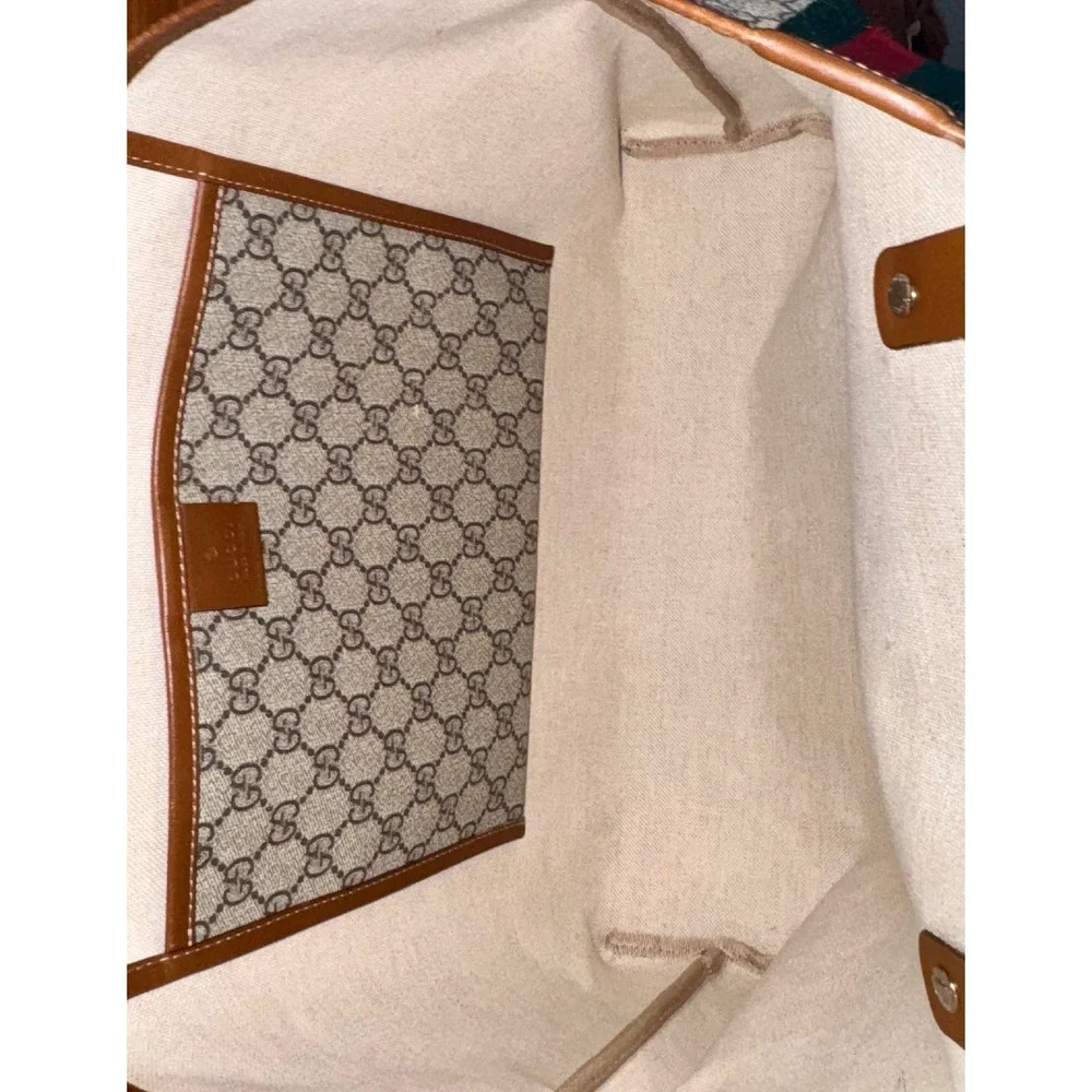 Gucci GG Supreme Tote Bag Monogram Canvas Brown Leather Web Detail 211134